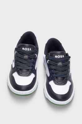 Kids' trainers in canvas and leather with embossed branding, Dark Blue