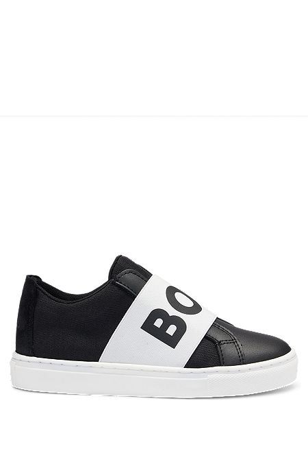 Kids' logo-strap trainers in leather and canvas, Black
