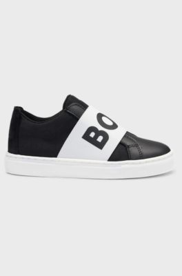 Kids' logo-strap trainers in leather and canvas, Black