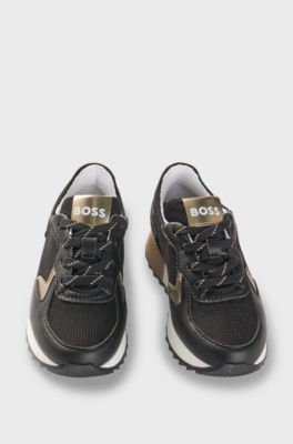 Kids' trainers with faux leather and mesh, Black