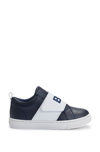 Kids' trainers in mineral-tanned leather with logo strap, Dark Blue
