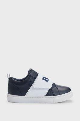 Kids' trainers in mineral-tanned leather with logo strap, Dark Blue