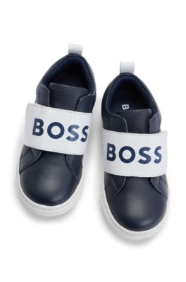 Kids' trainers in mineral-tanned leather with logo strap, Dark Blue