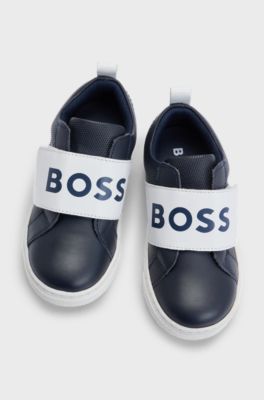 Kids' trainers in mineral-tanned leather with logo strap, Dark Blue