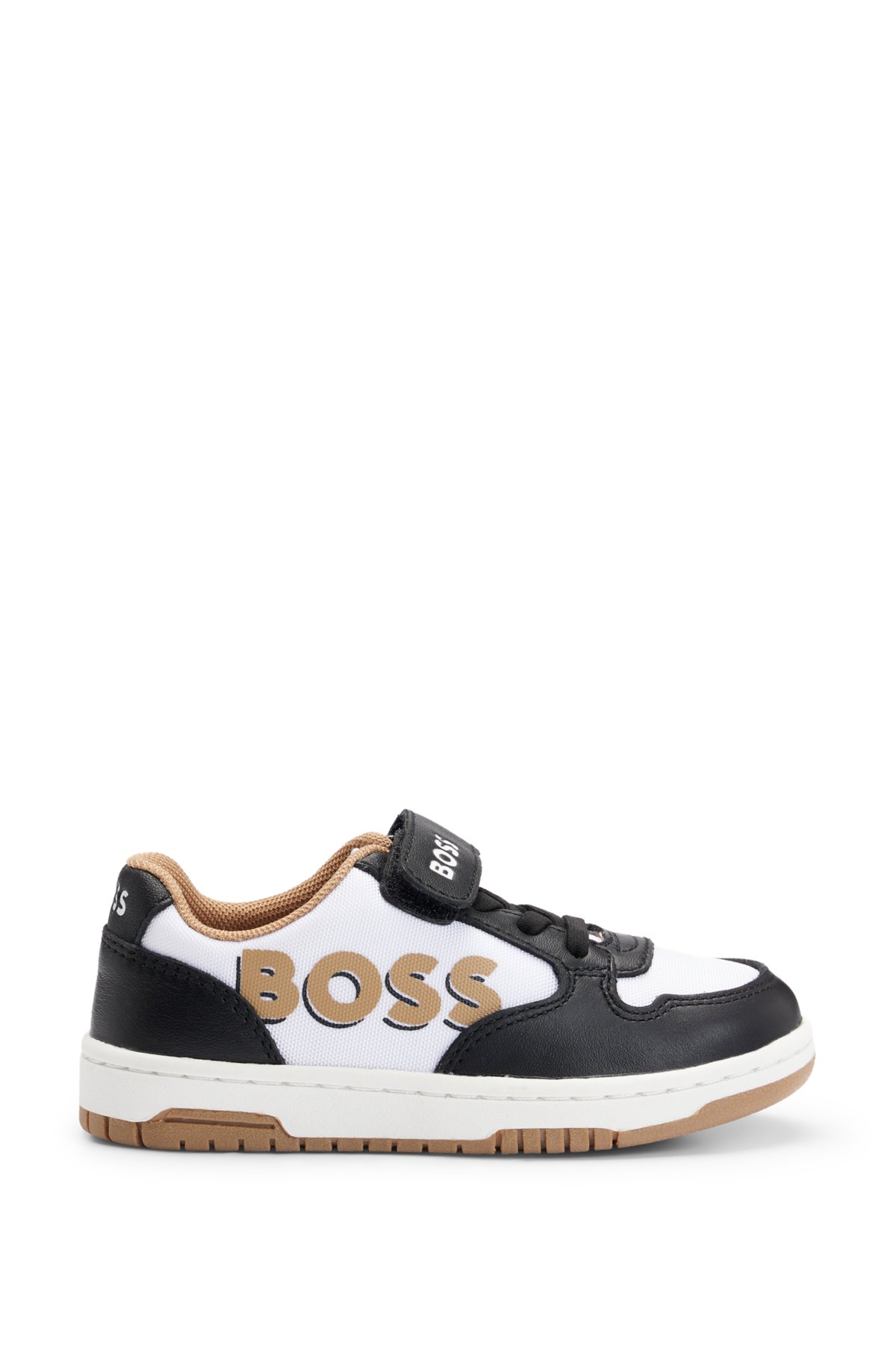 Kids' trainers in canvas and leather with branded strap, Black