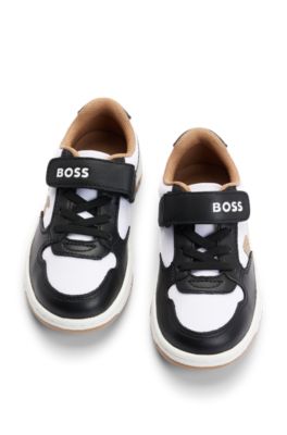 Kids' trainers in canvas and leather with branded strap, Black