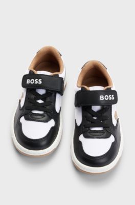 Baskets en toile et cuir avec bride logot&eacute;e pour enfant, Noir