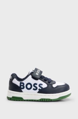 Kids' trainers in canvas and leather with branded strap, Dark Blue