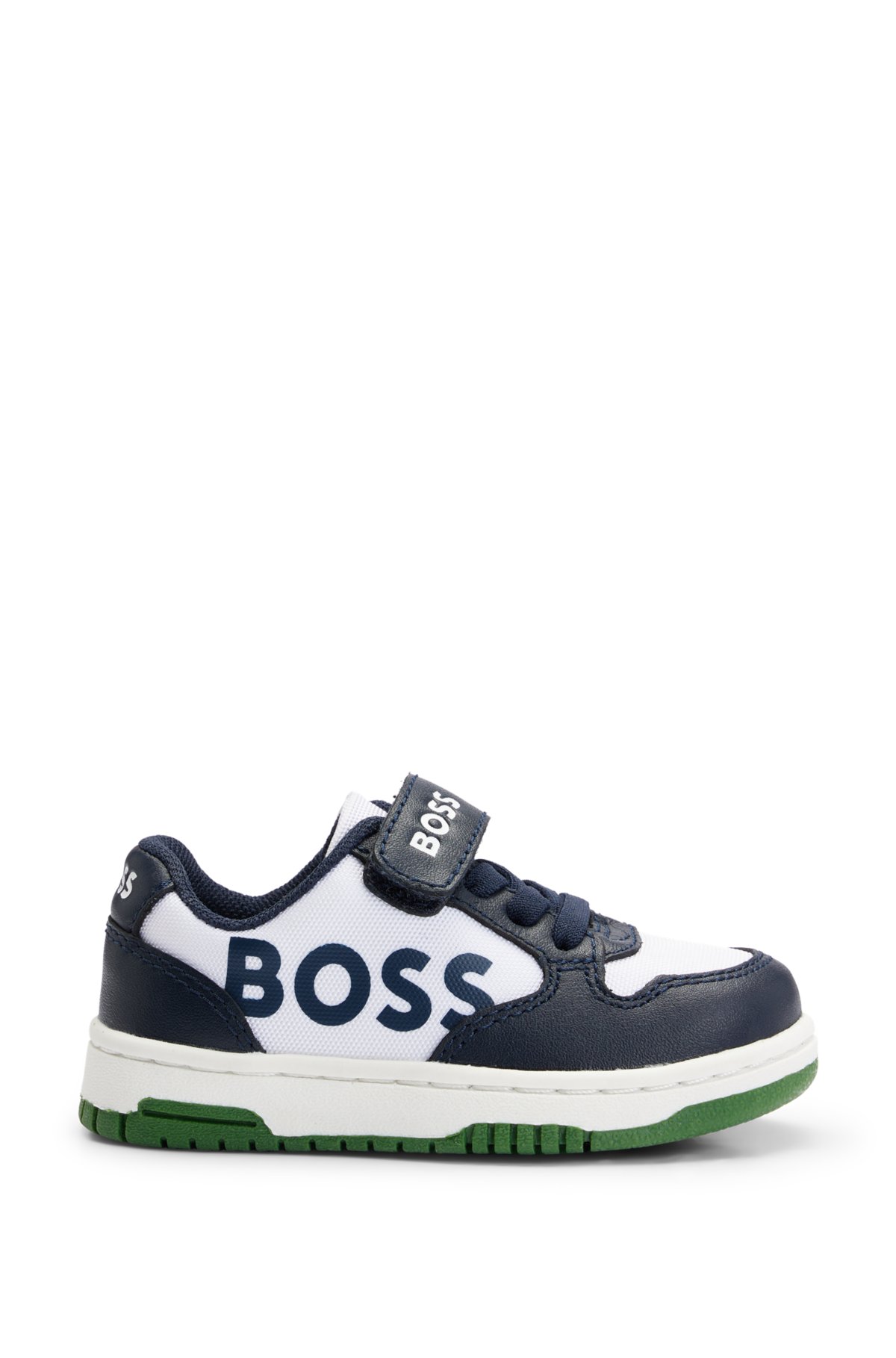 Kids' trainers in canvas and leather with branded strap, Dark Blue