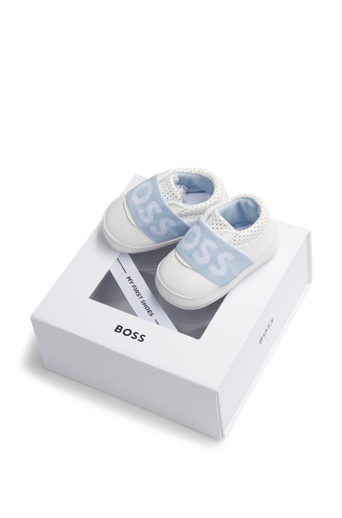 Baby shoes in leather with branded strap, White