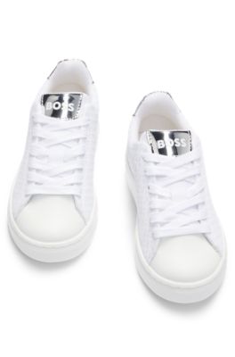 Kids' trainers in monogram canvas with metallic faux leather, White