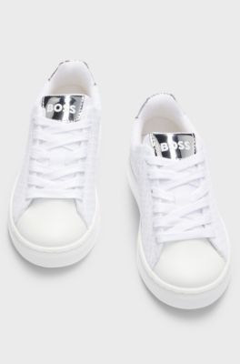 Kids' trainers in monogram canvas with metallic faux leather, White