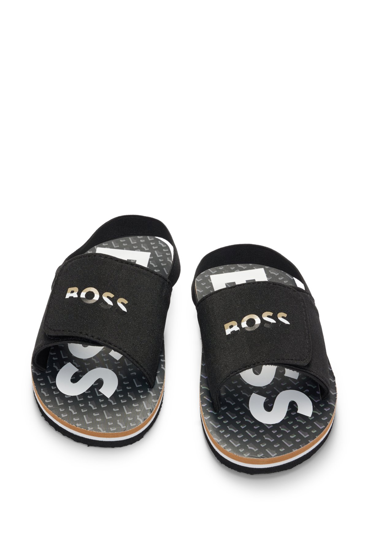 Kids' slides with ankle strap and branding, Black