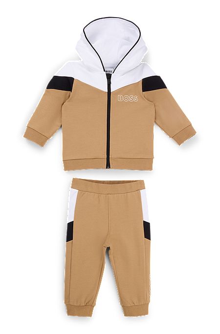 Baby tracksuit in stretch cotton with logo prints, Brown