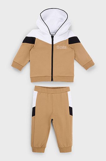 Baby tracksuit in stretch cotton with logo prints, Brown