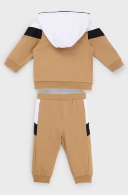 Baby tracksuit in stretch cotton with logo prints, Brown