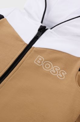 Baby tracksuit in stretch cotton with logo prints, Brown