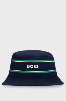 Kids' cotton-twill bucket hat with stripes and logo, Dark Blue