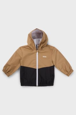 Kids' hooded windbreaker in waterproof fabric with logo print, Brown