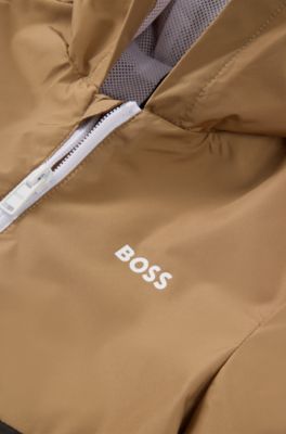 Kids' hooded windbreaker in waterproof fabric with logo print, Brown
