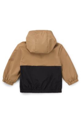 Kids' hooded windbreaker in waterproof fabric with logo print, Brown