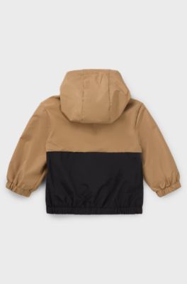 Kids' hooded windbreaker in waterproof fabric with logo print, Brown