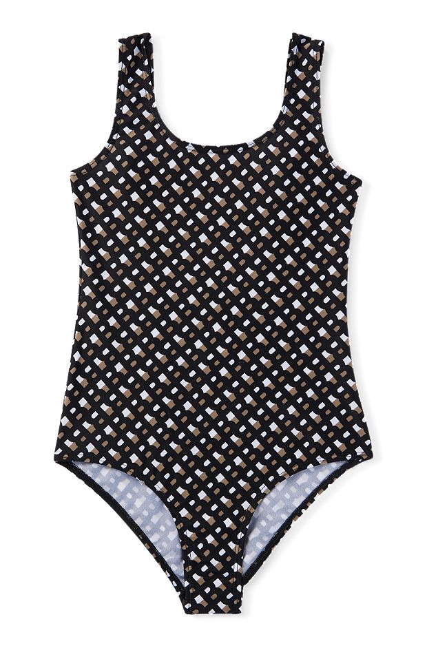 Kids' low-back swimsuit with all-over monograms, Black