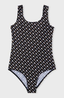 Costume da bagno scollato dietro per bambine con monogrammi all-over, Nero
