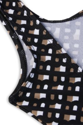 Kids' low-back swimsuit with all-over monograms, Black