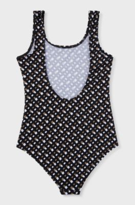 Costume da bagno scollato dietro per bambine con monogrammi all-over, Nero