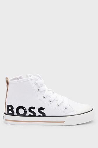 Kids' high-top trainers in canvas with logo print, White