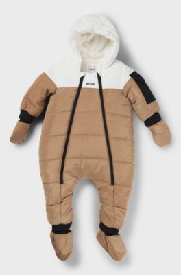Baby snowsuit with faux-fur lining and logo details, Brown