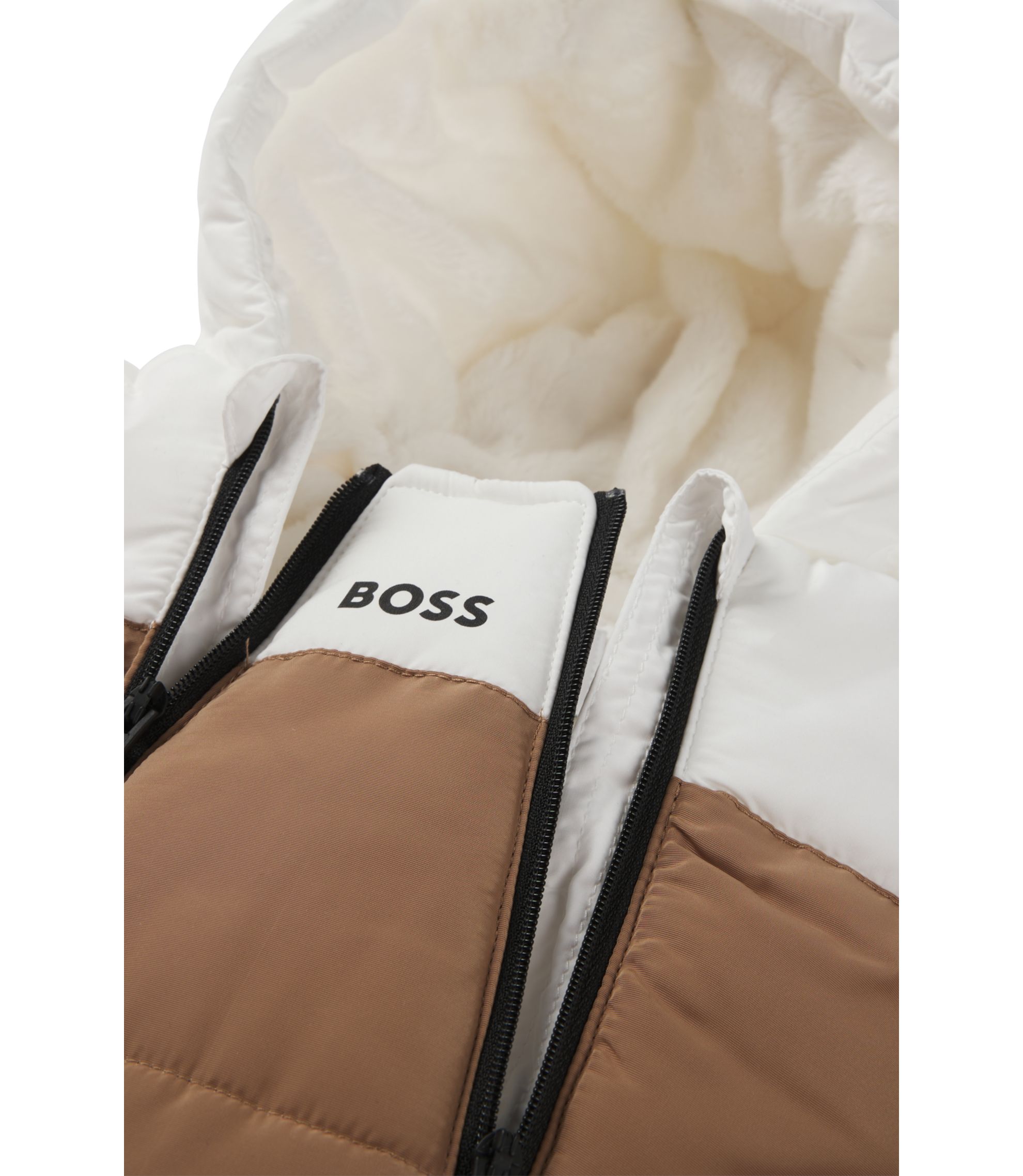BOSS Baby snowsuit with faux-fur lining and logo details Brown