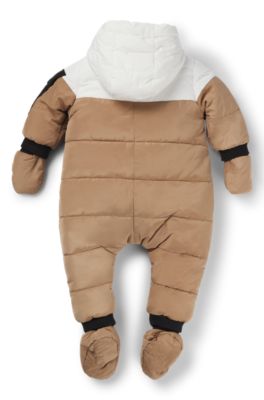 Baby snowsuit with faux-fur lining and logo details, Brown