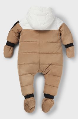 Baby snowsuit with faux-fur lining and logo details, Brown