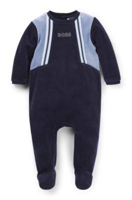 Baby logo-print sleepsuit in cotton-blend velvet, Dark Blue