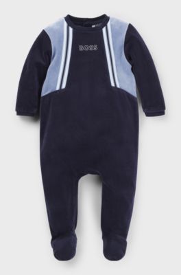 Baby logo-print sleepsuit in cotton-blend velvet, Dark Blue