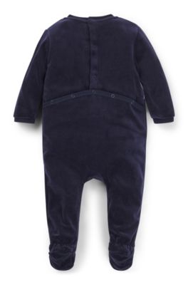 베이비 코튼 블렌드 벨벳 로고 프린트 슬립수트, 다크 블루