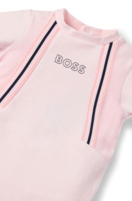 Baby sleepsuit in cotton-blend velvet with logo print, light pink