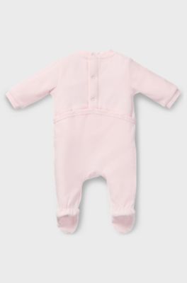 Baby sleepsuit in cotton-blend velvet with logo print, light pink