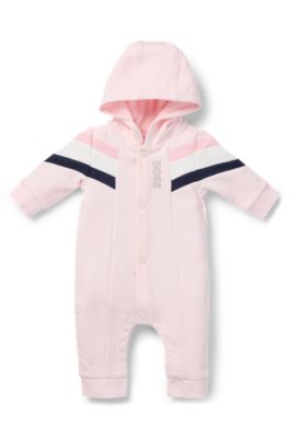 Baby hooded all-in-one with logo print, light pink