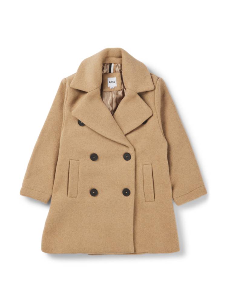 Artikel klicken und genauer betrachten! - Eleganter BOSS Mantel für Kinder. Die Outerwear mit bedrucktem Innenfutter, Seitentaschen und zweireihiger Knopfleiste ist aus einem Woll-Mix gefertigt. | im Online Shop kaufen