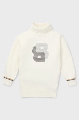 Kids' rollneck sweater dress with rhinestone Double B monogram, Natural