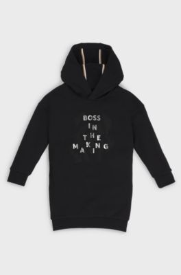 Vestito stile felpa con cappuccio da bambina in cotone elasticizzato con stampa esclusiva, Nero