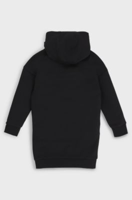 Vestito stile felpa con cappuccio da bambina in cotone elasticizzato con stampa esclusiva, Nero