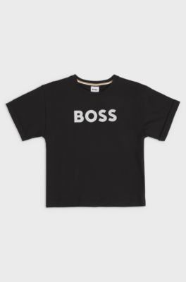 Kids' T-shirt in stretch-cotton with metallic-effect logo, Black