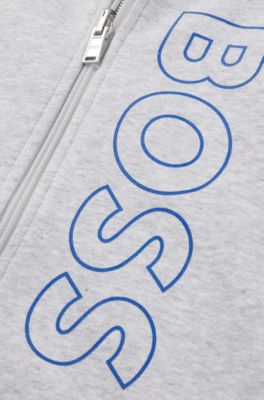 Kids' cotton-blend zip-up hoodie with vertical logo, Light Grey