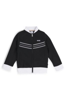 Kids' cotton-blend zip-up jacket with herringbone trims, Black