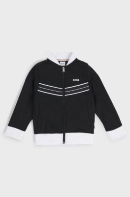 Kids' cotton-blend zip-up jacket with herringbone trims, Black
