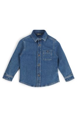 Kids' long-sleeved shirt in stretch-cotton denim, Blue